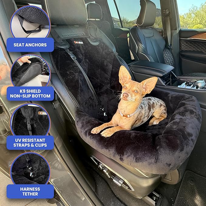 4Knines Dog Car Seat – Plush Travel Bed for SUVs, Trucks & Sedans – Comfortable, Supportive & Secure Ride for Small and Medium Dogs – Washable, Non-Slip Bottom, UV-Resistant Straps & Clips - Black