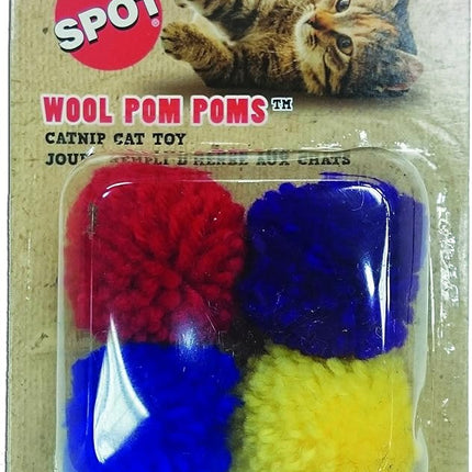 SPOT Wool Pom Poms Cat Toy - Interactive Wool Balls Cat Toy with Catnip for Cats and Kittens to Bite, Swat and Chase - 1.5 inch, 4 pcs (Pack of 2)