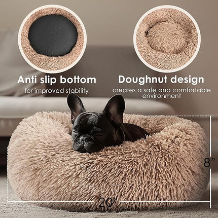 Hoewina Dog & Cat Bed for Indoor Cats, 20in Calming Donut Bed for Puppy and Kitten, Washable Round Fluffy Pet Bed for Small Medium Dogs and Cats (Camel)