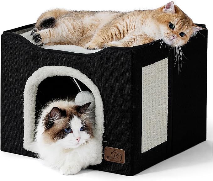 Bedsure Cat Beds for Indoor Cats - Large Cat Cave for Pet Cat House with Fluffy Ball Hanging and Scratch Pad, Foldable Cat Hideaway, 16.5x16.5x13 inches, Black