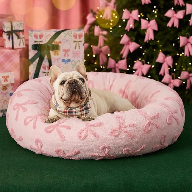 LE SURE Shown on TV Donut Medium Dog Bed - Round Cat Beds Indoor Calming Christmas Bed Gift for Pets, Home Decor Cute Modern Beds with Jacquard Shaggy Plush & Anti Slip Bottom, 30 Inch, Pink Taffy