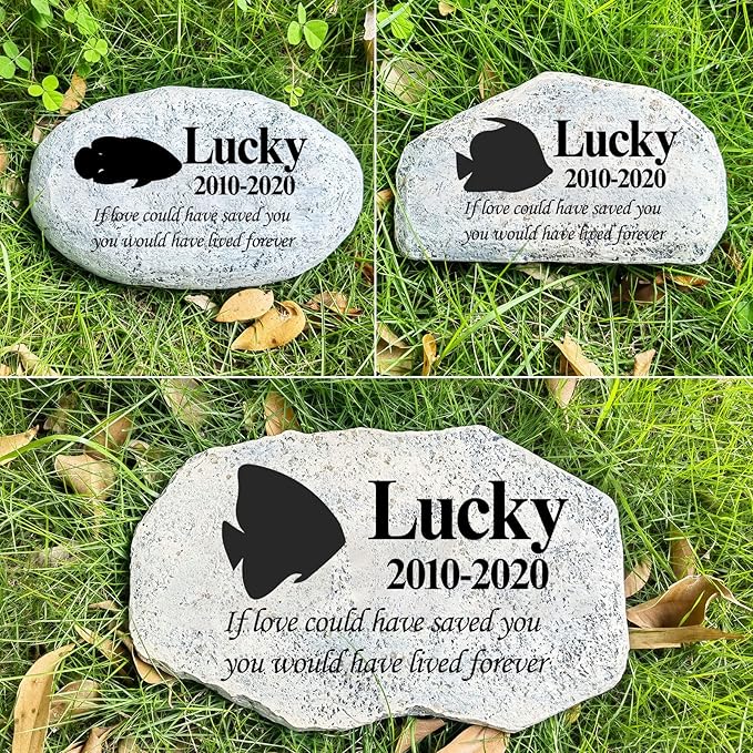 Zatanmulo Personalized Pet Memorial Stone, Garden Memorial Stone Personalized, Fish Headstone, Fish Tombstone, Memorial Plaque Outdoor, Garden Stepping Stone (Fish)