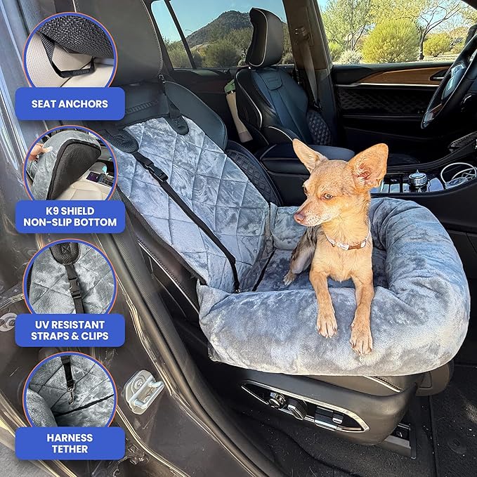 4Knines Dog Car Seat – Plush Travel Bed for SUVs, Trucks & Sedans – Comfortable, Supportive & Secure Ride for Small and Medium Dogs – Washable, Non-Slip Bottom, UV-Resistant Straps & Clips - Grey