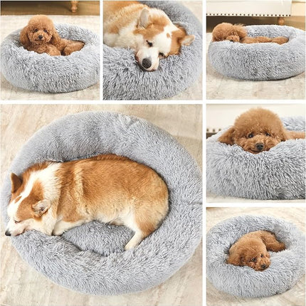 Dog Calming Beds for Small Medium Dogs - Round Donut Washable Dog Bed, Anti-Slip Faux Fur Fluffy Donut Cuddler Anxiety Cat Bed(Light Grey 28")
