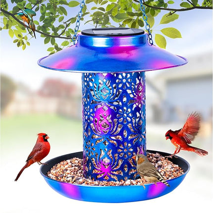 XDW-GIFTS Bird Feeder for Outdoors Solar Hanging Bird Feeder Bird House with Cardinal Feeder Large Capacity Metal Wild Bird Feeder for Garden Decor Unique Gifts & Patio Decor (Blue, 8 INCH)
