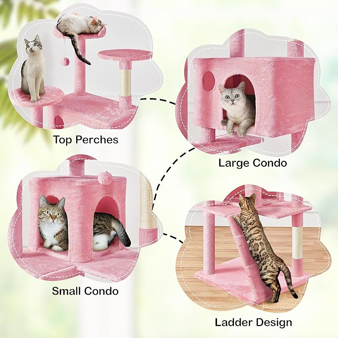 Yaheetech XL Cat Tree, 80in Multi-Level Tower w/Scratching Posts, Double Cat Condo, Perched Platforms & Dangling Balls, Activity Center for Kittens & Pets, Pink