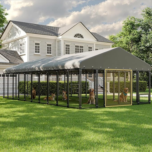 10X20FT Dog Kennel Outside Double Door Dog Kennel Outdoor with Feeding, Heavy Duty Outdoor Dog Crate Durable Dog Cage with Roof & Double Lock