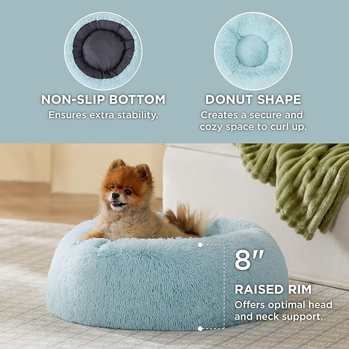 Bedsure Calming Dog Bed for Small Dogs - Donut Washable Small Pet Bed, 23 inches Anti-Slip Round Fluffy Plush Faux Fur Large Cat Bed, Fits up to 25 lbs Pets, Aqua Blue
