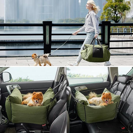 Lesure Small Dog Car Seat for Small Dogs - Waterproof Dog Booster Seat for Car with Storage Pockets and Clip-On Safety Leash and Thickened Memory Foam Filling, Pet Travel Carrier Bed Cypress Green