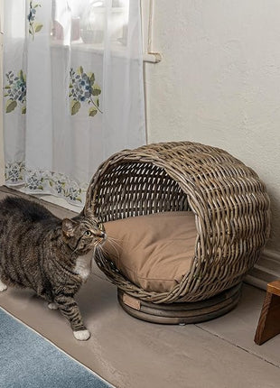 CBD1001A Socket Dome 19.5" x 17" Bohemian Handwoven Rattan Cat Bed with Machine-Washable Cushion, Kubu Gray
