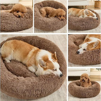 Dog Calming Beds for Small Medium Large Dogs - Round Donut Washable Puppy Dog Bed, Anti-Slip Faux Fur Fluffy Donut Cuddle Anxiety Cat Pet Bed(20'' Khaki