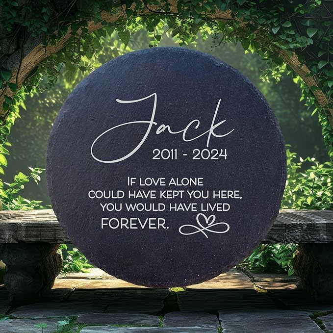 Personalized Pet Memorial Stone for Dogs and Cats | Custom Laser-Etched Weatherproof Garden Grave Marker | Natural Stone Bereavement Headstone Sympathy Gift | 4, 6, 10, or 12 Inch Heart or Circle Shape (A6)