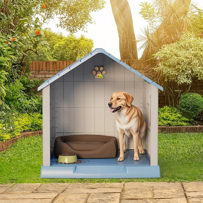 Large Dog House Outdoor Indoor for Medium Large Dogs, Durable Plastic Waterproof Doghouse with Air Vents and Elevated Floor, Easy Clean and Assemble (Blue, 31" L x 33.3" W x 33.5" H)