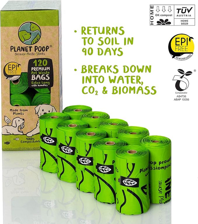 PLANET POOP Home Compostable Dog Poop Bags Extra-long with Handles 120 Un-Scented Pet Waste Bags Plastic Free, Thick Leakproof Plant-Based Doggy Bag, Cats & Dogs Pet Supplies