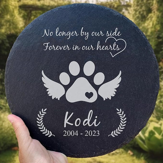 Personalized Pet Memorial Stone for Dogs and Cats | Custom Laser-Etched Weatherproof Garden Grave Marker | Natural Stone Bereavement Headstone Sympathy Gift | 4, 6, 10, or 12 Inch Heart or Circle Shape (A1)