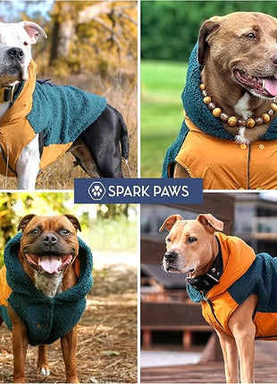 Spark Paws Reversible Fleece Dog Jacket, Hooded Sweater Vest, Warm Coat for Winter - Suitable for Small Medium Large XL XXL Dogs - Orange and Green - M
