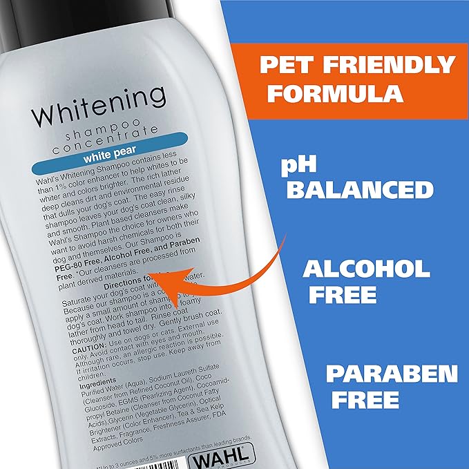 Wahl USA Whitening Shampoo White Pear scent for Pets – Whitening & Animal Odor Control with Silky Smooth Results for Grooming Dirty Dogs – 24 oz - Model 820001A