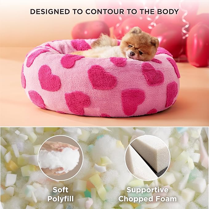 LE SURE Donut Small Dog Bed - Round Cat Beds for Indoor Cats Anti-Anxiety Calming Pet Beds, Washable Cute Modern Beds with Teddy Sherpa Plush & Anti Slip Bottom, 23 Inch, Heart Pink
