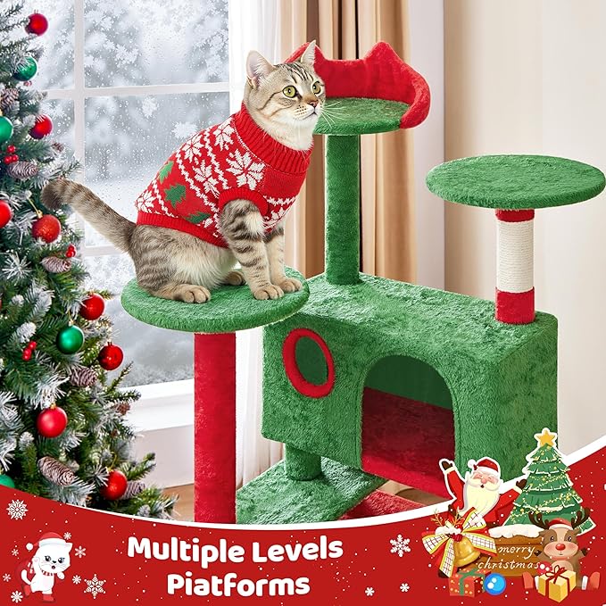 Yaheetech 54in Christmas Cat Tree, Multi-Level Cat Tower with Spacious Kitten-Ear Perch, 2 Cozy Caves, Scratching Posts, Climbing Ladder, 2 Plush Balls for Indoor Kittens, Red/Green