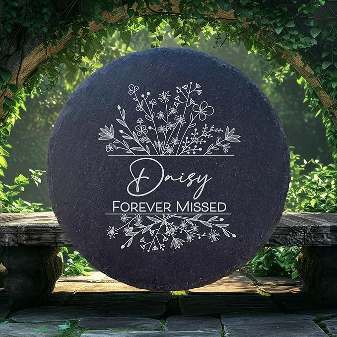 Personalized Pet Memorial Stone for Dogs and Cats | Custom Laser-Etched Weatherproof Garden Grave Marker | Natural Stone Bereavement Headstone Sympathy Gift | 4, 6, 10, or 12 Inch Heart or Circle Shape (A8)