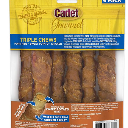 Cadet Gourmet Triple Chews Long-Lasting Pork Hide Sticks with Sweet Potato and Chicken, Healthy Dog Treats for Small & Large Dogs, 6 Count