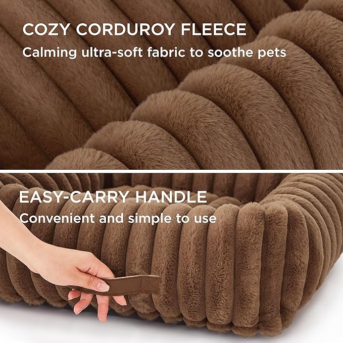 Bedsure Cute Dog Bed for Large Dogs - Washable Furry Puppy Beds, Rectangle Orthopedic Corduroy Fleece Pet Beds with Removable Zipper Cover, 36x27x8inches, Camel Brown