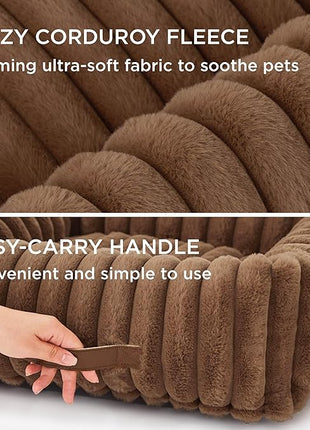 Bedsure Cute Dog Bed for Small Medium Dogs - Washable Furry Puppy Beds, Rectangle Orthopedic Corduroy Fleece Pet Beds with Removable Zipper Cover, 25x21x7inches, Camel Brown