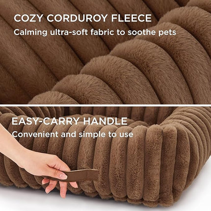 Bedsure Washable Dog Bed for Medium Dogs - Cute Furry Puppy Beds, Rectangle Orthopedic Corduroy Fleece Pet Beds with Removable Zipper Cover, 30x24x8inches, Camel Brown