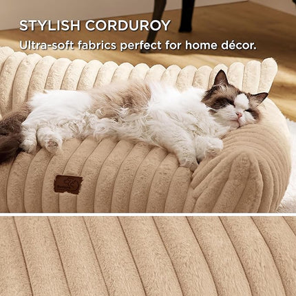 Bedsure Cute Cat Couch for Pets - Fluffy Cat Sofa with Premium Soft Corduroy Fleece, Fuzzy Pet Couch Bed with Removable Washable Cover, Supportive Pet Chair for Indoor Cats, 24inch, Tuscan Beige
