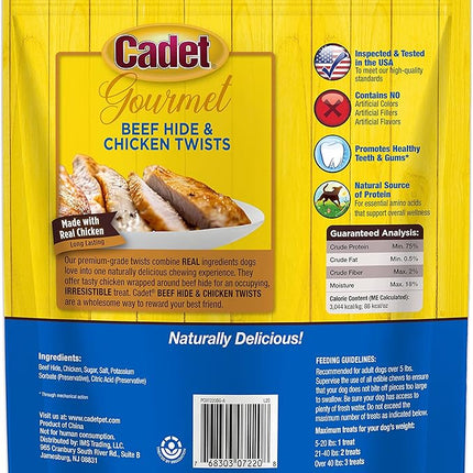 Cadet Gourmet 5-Inch Beef Hide Twist Chew Sticks, Long-Lasting and Natural Rawhide Chews for Dogs, Inspected & Tested in USA, Chicken Flavor, 50 Count
