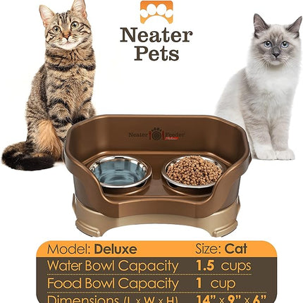 Neater Feeder Deluxe Mess Proof Cat Bowls Elevated for All Breeds – Made in USA – No Spill Raised Bowls for Indoor Cats – Stainless Steel Food and Water Bowl Set, Pet Dish Feeding Station, Bronze