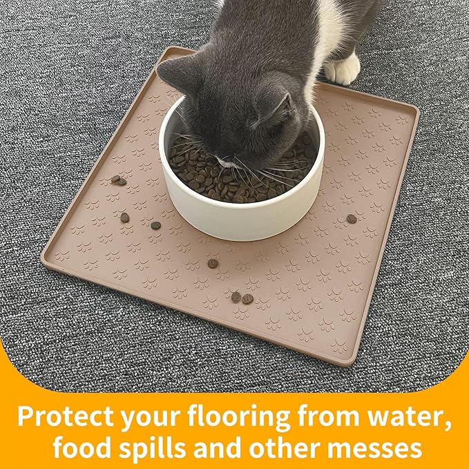 Ptlom Dog Food Mat Anti-Slip Bowl Mats for Food and Water, Waterproof Silicone Pet Placemat with High Raised Edges, Non-Slip Puppy Feeding Tray for Small, Medium Large Cats Dogs, Taupe, 11.8"x11.8"