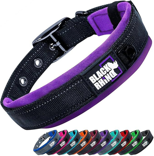 Black Rhino Extra Large Dog Collar - Adjustable Reflective Heavy Duty Wide Dog Collar with Ultra-Soft Neoprene Padding - Weatherproof, Durable, and Comfortable for Active Dogs - Purple and Black