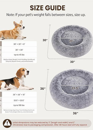 Calming Dog Bed - Donut Washable Medium Size Round Pet Bed for Dogs and Cats, 30 inches Anti-Slip Fluffy Faux Fur Plush Cat Bed, Anti-Anxiety Cushion with Anti-Slip Bottom