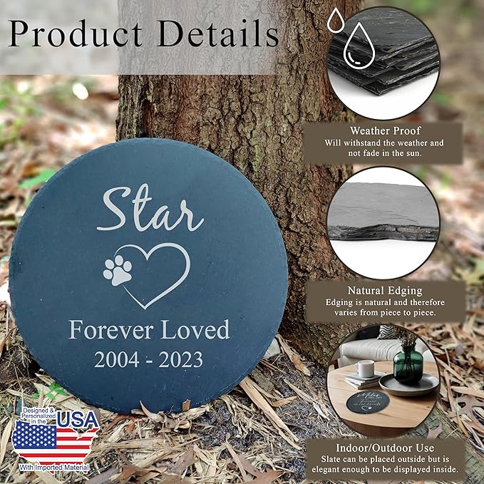 Personalized Pet Memorial Stone for Dogs and Cats | Custom Laser-Etched Weatherproof Garden Grave Marker | Natural Stone Bereavement Headstone Sympathy Gift | 4, 6, 10, or 12 Inch Heart or Circle Shape (A4)