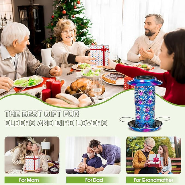 XDW-GIFTS Bird Feeder for Outdoors Solar Hanging Bird Feeder Bird House with Cardinal Feeder Large Capacity Metal Wild Bird Feeder for Garden Decor Unique Gifts & Patio Decor (Blue, 10.5 INCH)