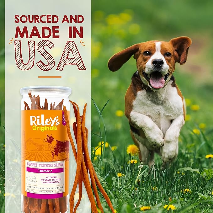 Riley's Slims Dried Sweet Potato Dog Treats - Dehydrated Chews with Turmeric - Limited Ingredient USA Sourced Sweet Potato - Made in The USA - 7.5 oz