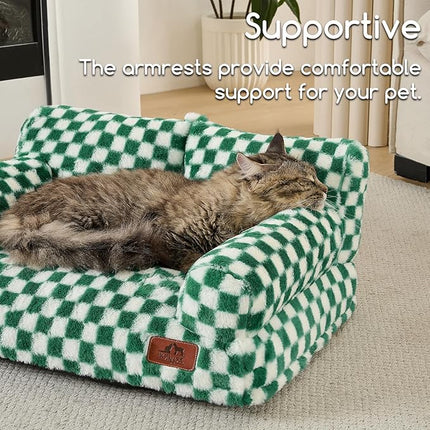 Hollypet Fluffy Plush Pet Cat Couch Soft Calming Pet Sofa Beds for Medium Small Cats and Dogs, Forest Green and White