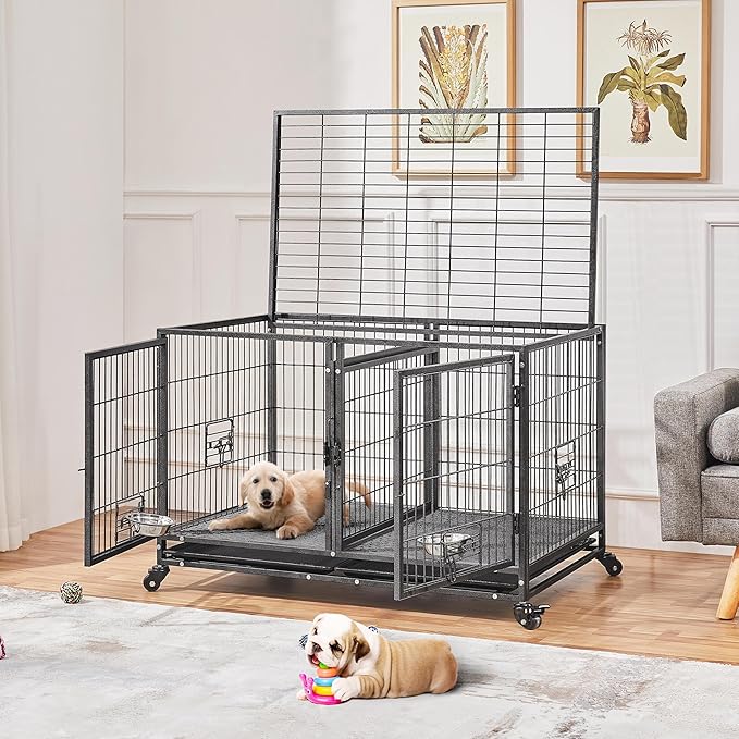 Yaheetech Stackable Dog Crate with Divider 43'' Rolling Heavy Duty Dog Cage with Open Top/ 2 Removable Trays for Small/Medium Dog