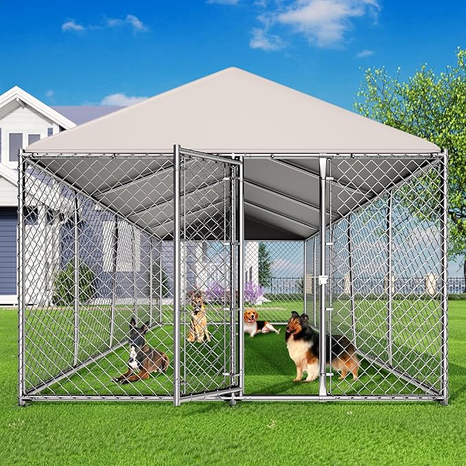 10 x 20FT Large Outdoor Dog Kennel with Roof, Dog Kennel Outside with Waterproof Cover, Galvanized Heavy Duty Chain Link Dog Runs Cage Playpen for Outside with Secure Lock
