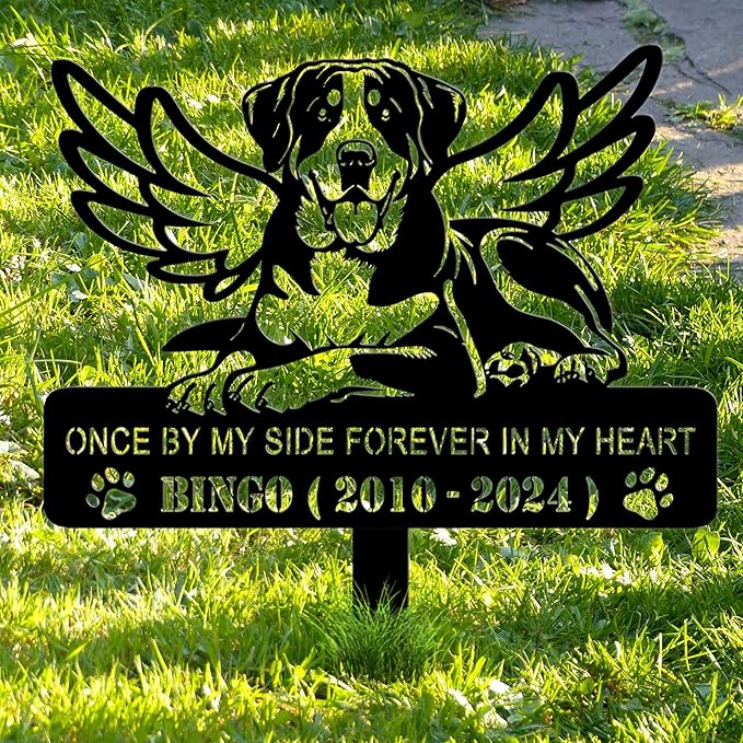 Personalized Dog Memorial Grave Marker, Custom Pet's Name Cemetery Decorations for Funerary, Metal Dog Burial Garden Stake, Outdoor Sympathy Angel Handstone Stake Plaque Gift for Loss