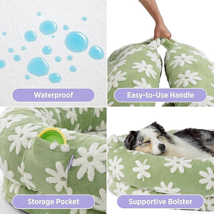 LE SURE Human Dog Bed for Adult - Calming Human Size Dog Bed with Egg Foam Supportive Mat and Storage Pocket, Cute Modern Pet Beds with Jacquard Shaggy Plush & Anti Slip Bottom 55x37x10, Green