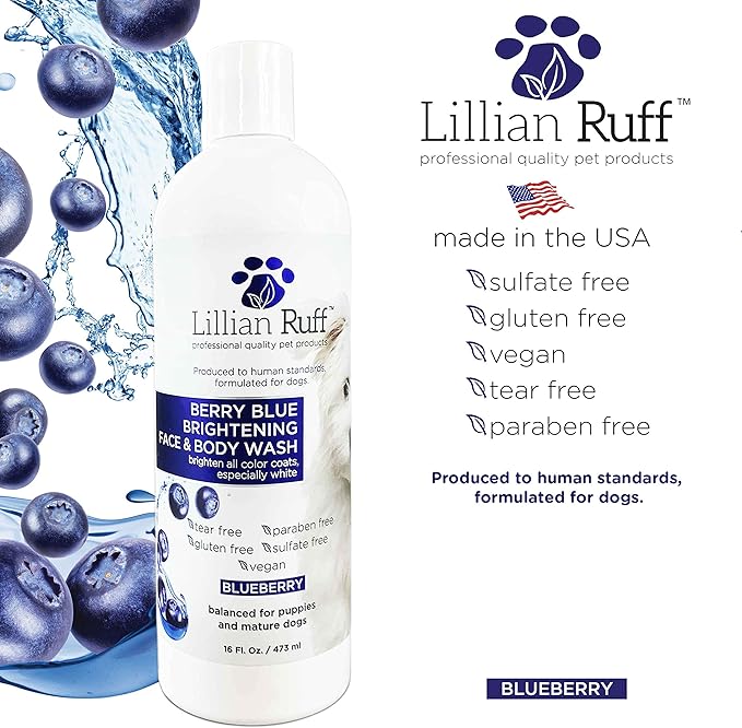 Lillian Ruff PRO Formula Berry Blue Brightening Pet Shampoo - Ultra-Hydrating Professional Whitening Dog Shampoo, Vivid Show-Quality Coat Enhancer, Tear Stain & Odor Eliminator With ProVitamin B5 16oz