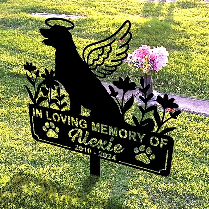 Personalized Dog Memorial Grave Marker, Custom Pet's Name Cemetery Decorations for Funerary, Metal Dog Burial Garden Stake, Outdoor Sympathy Angel Handstone Stake Plaque Gift for Loss