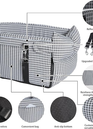 Center Console Dog Car Seat Dog Bed for Car Console Portable Armrest Booster Seat Carrier for Small Medium Dogs Anti-Collapse for Puppy Pet Up to 15 Lbs（Grid Black）