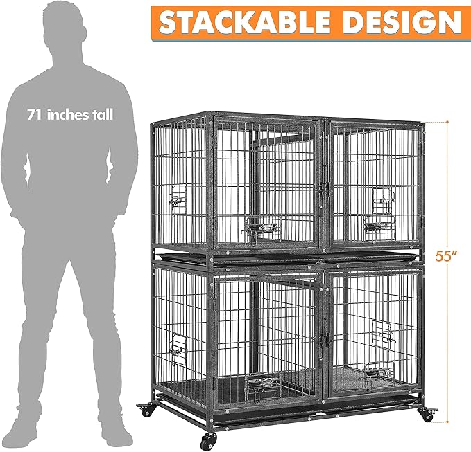 Yaheetech Stackable Dog Crate with Divider 43'' Rolling Heavy Duty Dog Cage with Open Top/ 2 Removable Trays for Small/Medium Dog, Double Story