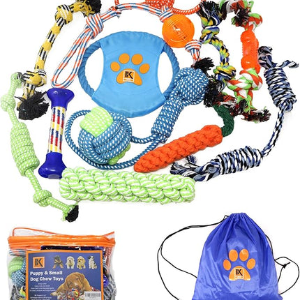 Puppy Toys, Box of 13 Puppy Dog Rope Chew Toys Designed for Playtime, Made for Chewing, Teething, and Calming Anxiety in New Puppies and Small Dogs, Bundle Includes a BONUS Storage Bag