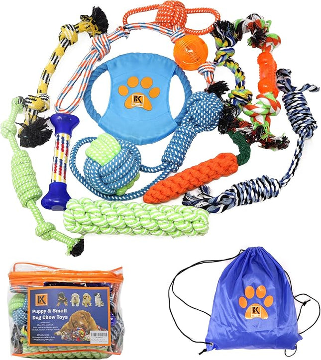 Puppy Toys, Box of 13 Puppy Dog Rope Chew Toys Designed for Playtime, Made for Chewing, Teething, and Calming Anxiety in New Puppies and Small Dogs, Bundle Includes a BONUS Storage Bag