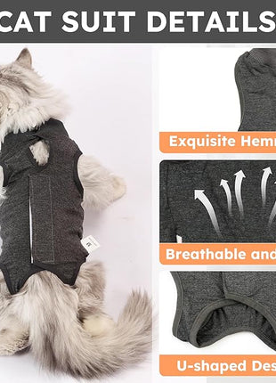Cat Recovery Suit After Surgery, Breathable Cat Surgery Recovery Suit for Spay Abdominal Wounds or Skin Diseases, E-Collar Alternative Wear for Small Male Female Pets (Dark Grey, L)