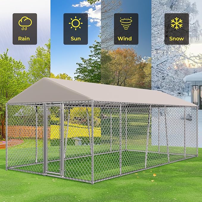 10 x 20FT Large Outdoor Dog Kennel with Roof, Dog Kennel Outside with Waterproof Cover, Galvanized Heavy Duty Chain Link Dog Runs Cage Playpen for Outside with Secure Lock